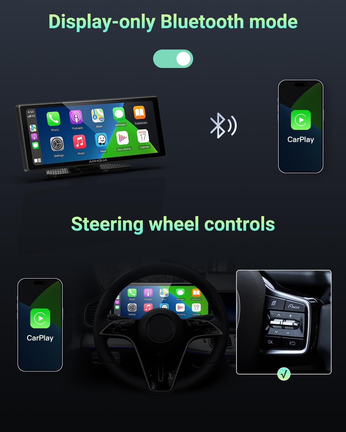 APHQUA 2025 Autoradio CarPlay et Android Auto, Écran Portable ecran carplay Voiture de 10,26'' IPS Carplay avec Écran Tactile, Connectivité Bluetooth, Siri, Navigation GPS, Miroir Link, AUX/FM