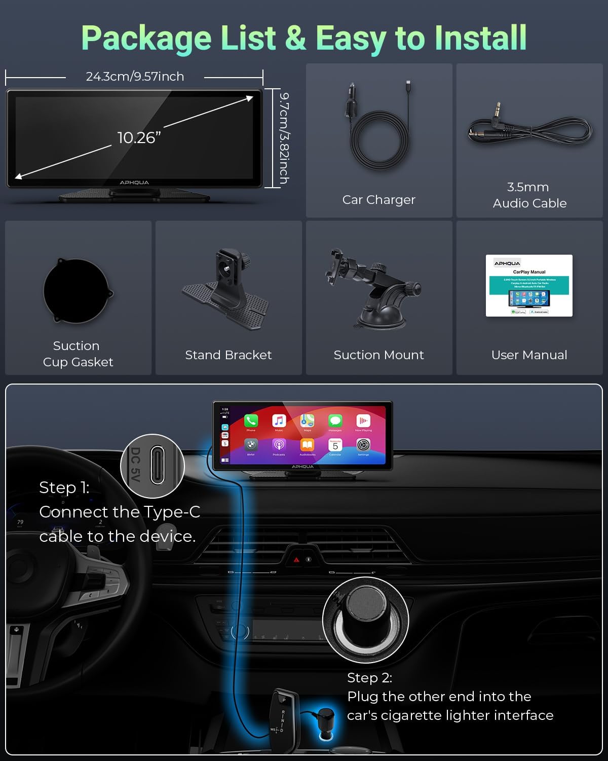 APHQUA 2025 Autoradio CarPlay et Android Auto, Écran Portable ecran carplay Voiture de 10,26'' IPS Carplay avec Écran Tactile, Connectivité Bluetooth, Siri, Navigation GPS, Miroir Link, AUX/FM