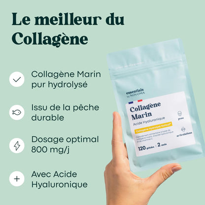 Collagène Marin + Acide Hyaluronique, Peau Hydratée et Articulations Fortes, Cure de 2 mois, 120 Gélules, Collagene Hydrolysé Type 1 Naticol®, Avec Vitamine C, Fabriqué en France, by Novoma