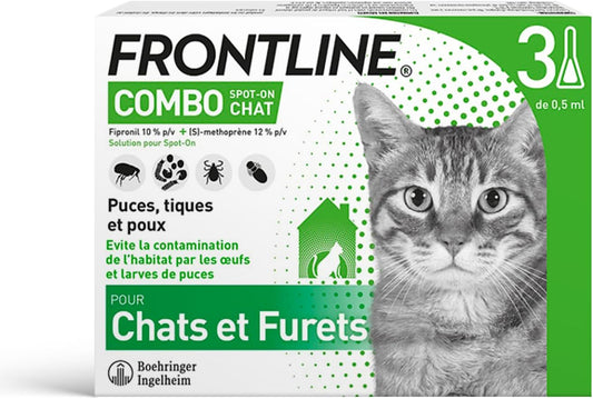 FRONTLINE Combo Chat - Anti Puces, Tiques & Poux - Contre Larves & Oeufs - Elimine & Tue - Protège L'Animal & L'Habitat - Jusqu'à 4 Semaines - Fabriqué En France - 3 Pipettes Application Spot On