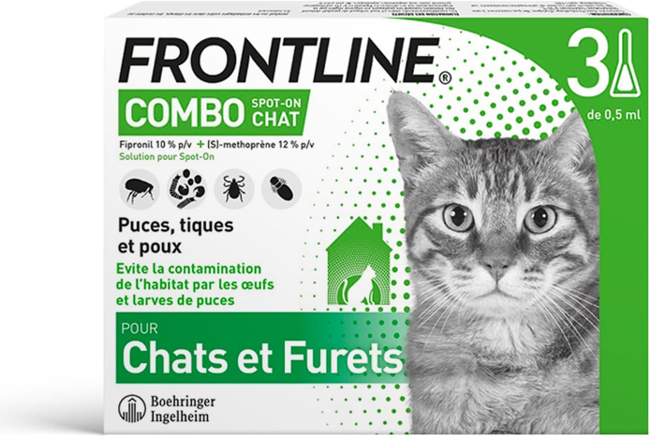 FRONTLINE Combo Chat - Anti Puces, Tiques & Poux - Contre Larves & Oeufs - Elimine & Tue - Protège L'Animal & L'Habitat - Jusqu'à 4 Semaines - Fabriqué En France - 3 Pipettes Application Spot On