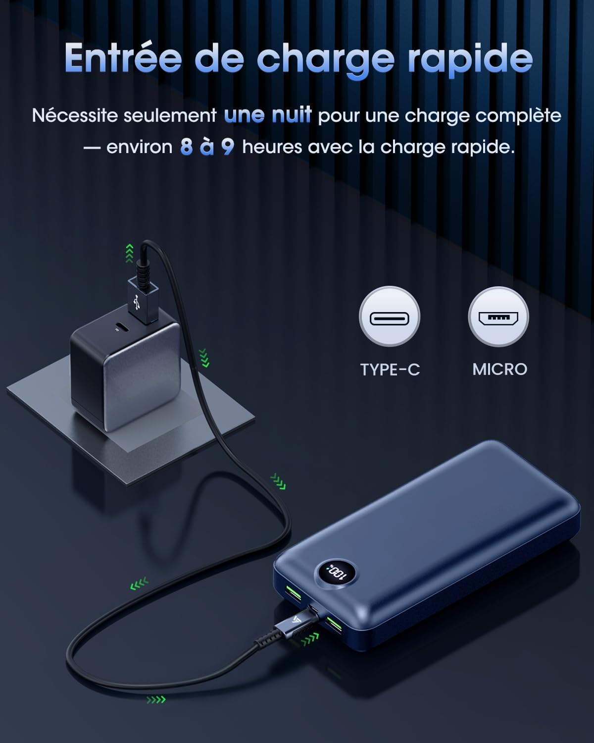 PDBEST Batterie Externe 50000 mAh, QC 3.0 22,5 W PD USB-C Chargeur Rapide avec 4 Sorties et 3 entrées, Chargeur Portable Grande capacité, Powerbank pour iPhone Android etc Bleu