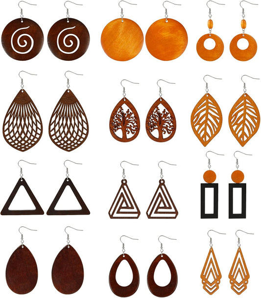 XiYee 12 Paires Boucles d'oreilles en Bois pour Femmes Boucles d'oreilles Pendantes Africaines Ethniques Légères Boucles d'oreilles Bohême Vintage Géométriques Crochet en Acier Inoxydable
