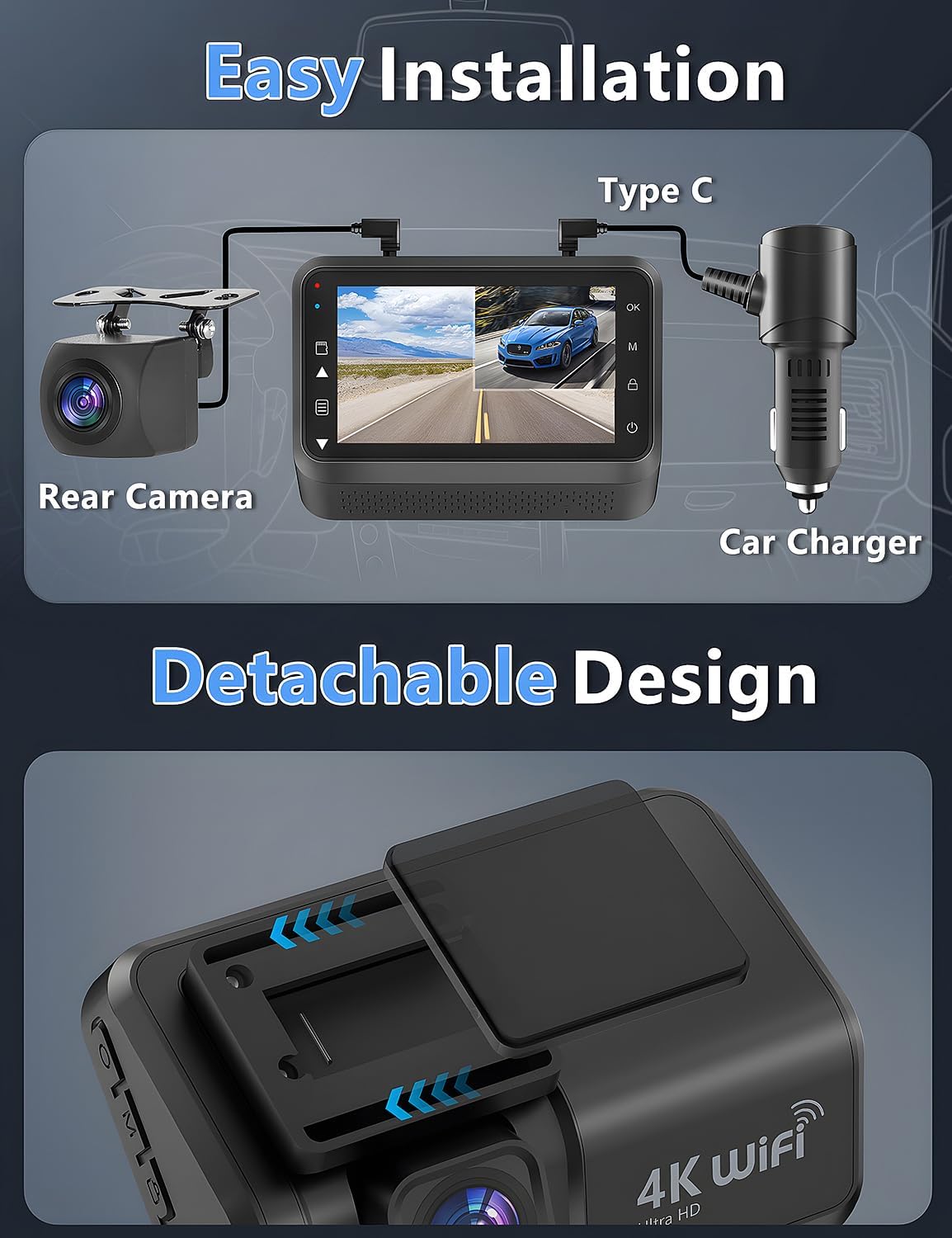 CHORTAU Dashcam Voiture Avant Arrière, 4K+1080P Camera Embarquée Voiture WiFi avec Application IPS 3" avec Carte 64Go Gratuite, Caméra de Voiture avec Vision Nocturne, Moniteur de stationnement, WDR