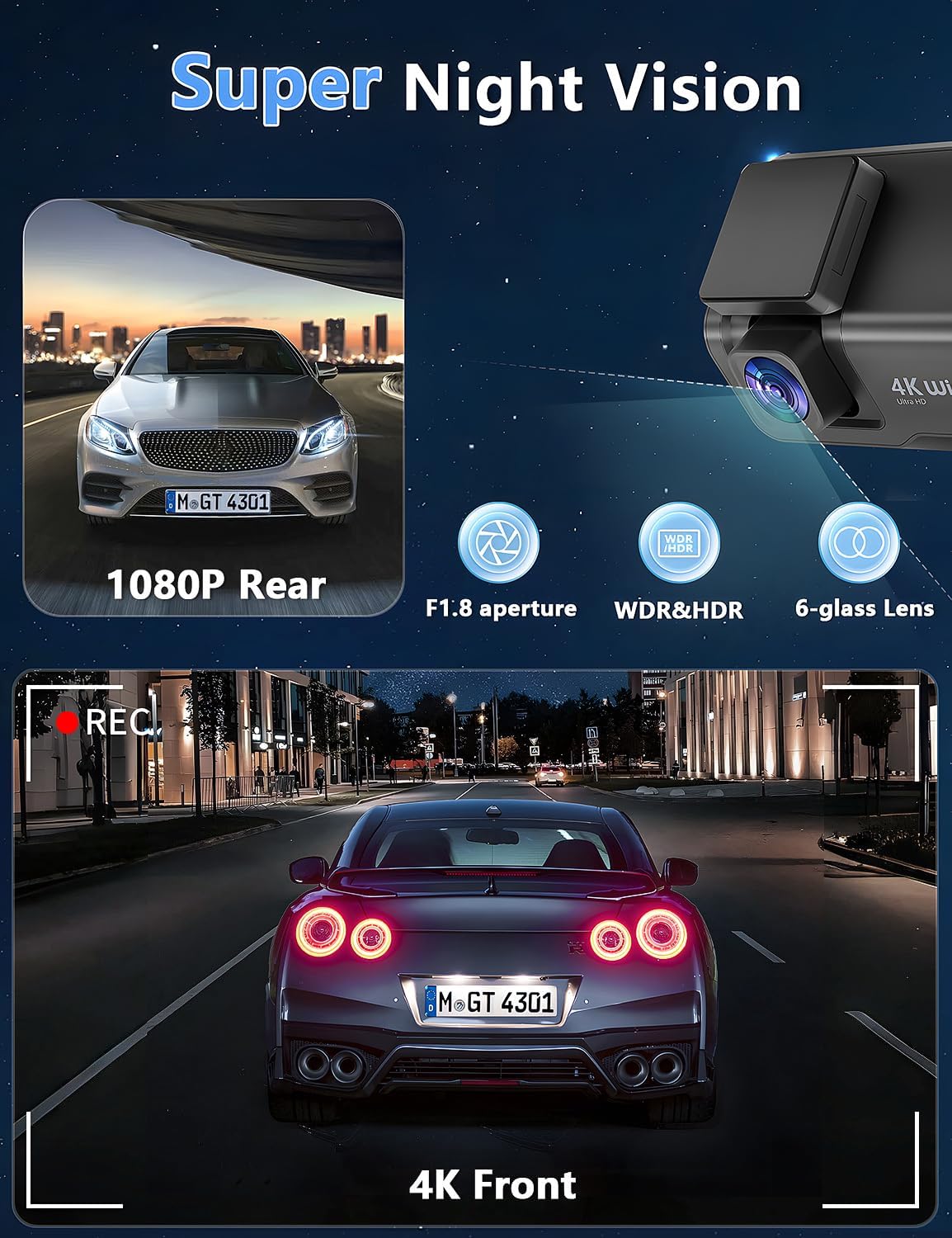 CHORTAU Dashcam Voiture Avant Arrière, 4K+1080P Camera Embarquée Voiture WiFi avec Application IPS 3" avec Carte 64Go Gratuite, Caméra de Voiture avec Vision Nocturne, Moniteur de stationnement, WDR