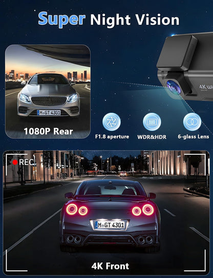 CHORTAU Dashcam Voiture Avant Arrière, 4K+1080P Camera Embarquée Voiture WiFi avec Application IPS 3" avec Carte 64Go Gratuite, Caméra de Voiture avec Vision Nocturne, Moniteur de stationnement, WDR