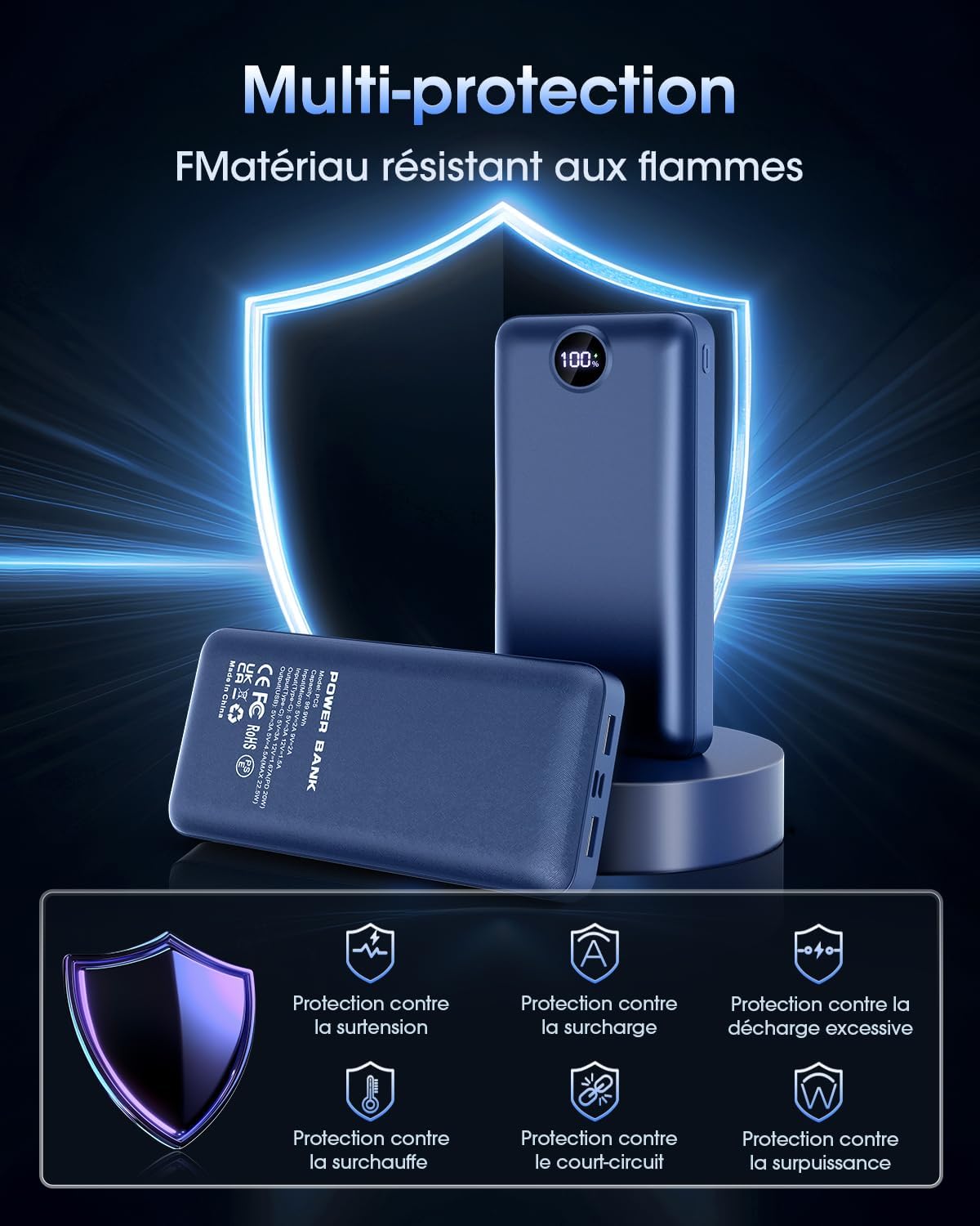 PDBEST Batterie Externe 50000 mAh, QC 3.0 22,5 W PD USB-C Chargeur Rapide avec 4 Sorties et 3 entrées, Chargeur Portable Grande capacité, Powerbank pour iPhone Android etc Bleu