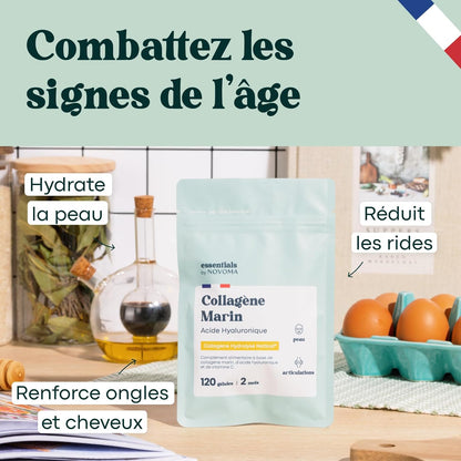 Collagène Marin + Acide Hyaluronique, Peau Hydratée et Articulations Fortes, Cure de 2 mois, 120 Gélules, Collagene Hydrolysé Type 1 Naticol®, Avec Vitamine C, Fabriqué en France, by Novoma