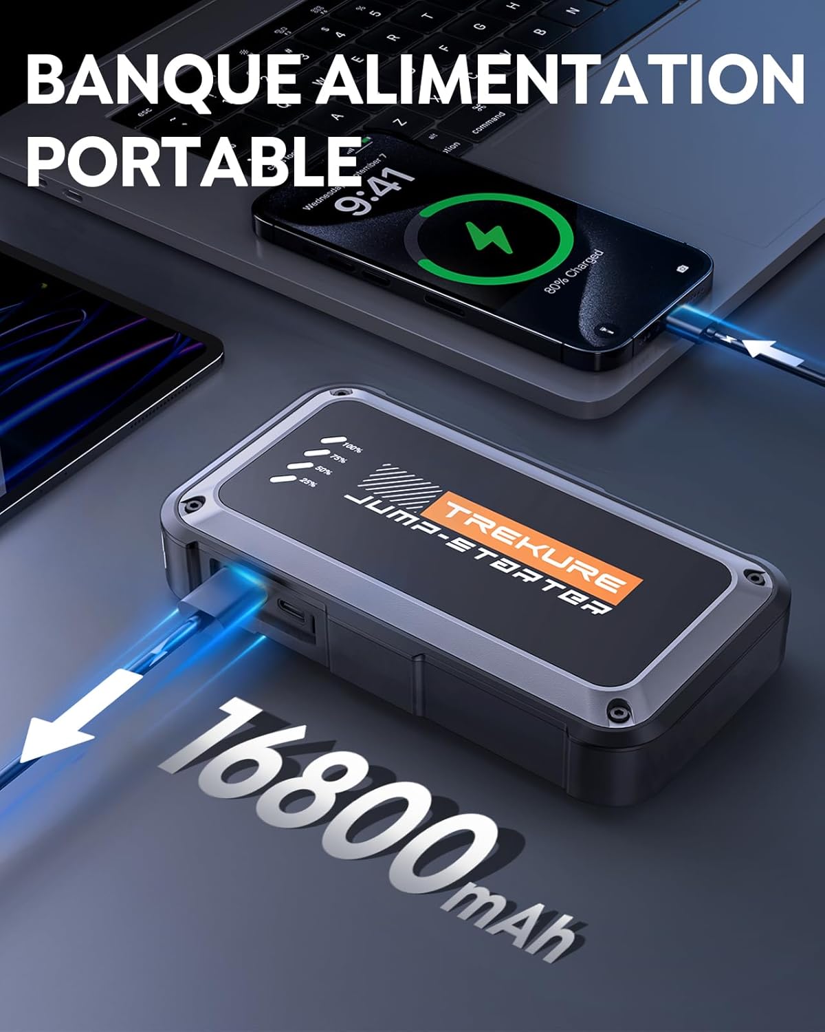 TREKURE Booster Batterie Voiture 4000A 16800mAh, 12V Démarreur Voiture (Jusqu’à 9.0L Essence & 8.5L Diesel), Booster Batterie Moto Portable, Pince Intelligente avec Affichage, Lumière LED à 4 Modes