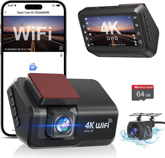 CHORTAU Dashcam Voiture Avant Arrière, 4K+1080P Camera Embarquée Voiture WiFi avec Application IPS 3" avec Carte 64Go Gratuite, Caméra de Voiture avec Vision Nocturne, Moniteur de stationnement, WDR