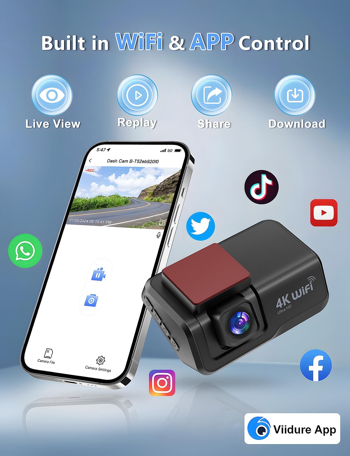 CHORTAU Dashcam Voiture Avant Arrière, 4K+1080P Camera Embarquée Voiture WiFi avec Application IPS 3" avec Carte 64Go Gratuite, Caméra de Voiture avec Vision Nocturne, Moniteur de stationnement, WDR