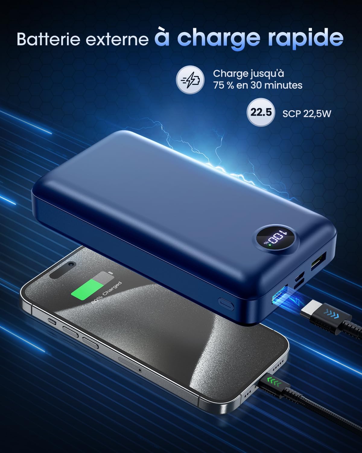 PDBEST Batterie Externe 50000 mAh, QC 3.0 22,5 W PD USB-C Chargeur Rapide avec 4 Sorties et 3 entrées, Chargeur Portable Grande capacité, Powerbank pour iPhone Android etc Bleu