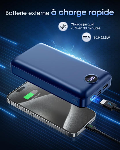 PDBEST Batterie Externe 50000 mAh, QC 3.0 22,5 W PD USB-C Chargeur Rapide avec 4 Sorties et 3 entrées, Chargeur Portable Grande capacité, Powerbank pour iPhone Android etc Bleu