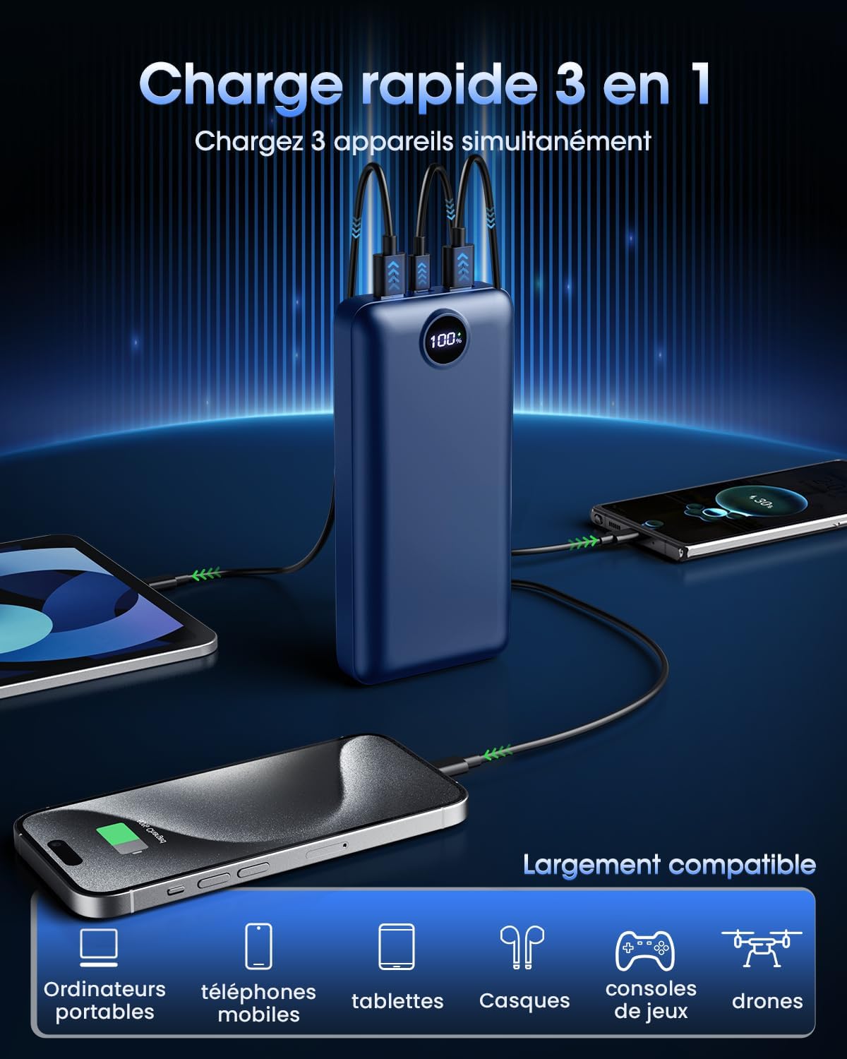 PDBEST Batterie Externe 50000 mAh, QC 3.0 22,5 W PD USB-C Chargeur Rapide avec 4 Sorties et 3 entrées, Chargeur Portable Grande capacité, Powerbank pour iPhone Android etc Bleu