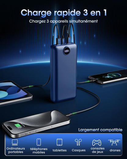 PDBEST Batterie Externe 50000 mAh, QC 3.0 22,5 W PD USB-C Chargeur Rapide avec 4 Sorties et 3 entrées, Chargeur Portable Grande capacité, Powerbank pour iPhone Android etc Bleu