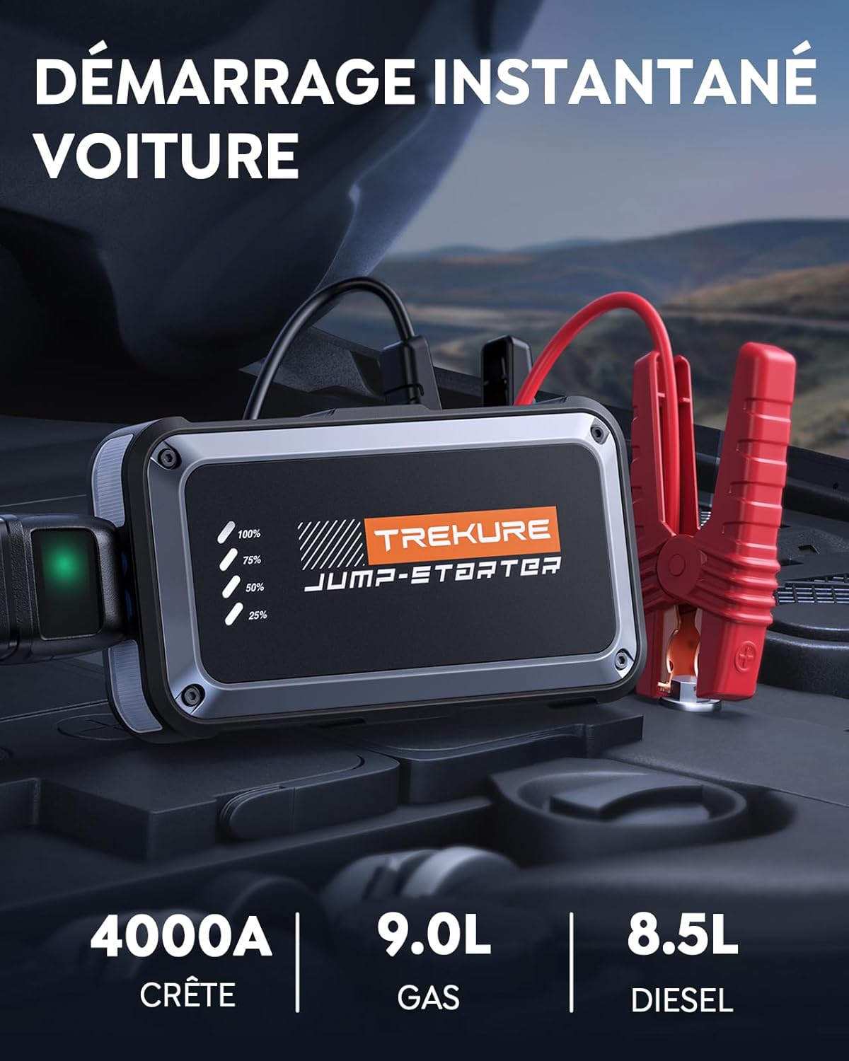 TREKURE Booster Batterie Voiture 4000A 16800mAh, 12V Démarreur Voiture (Jusqu’à 9.0L Essence & 8.5L Diesel), Booster Batterie Moto Portable, Pince Intelligente avec Affichage, Lumière LED à 4 Modes