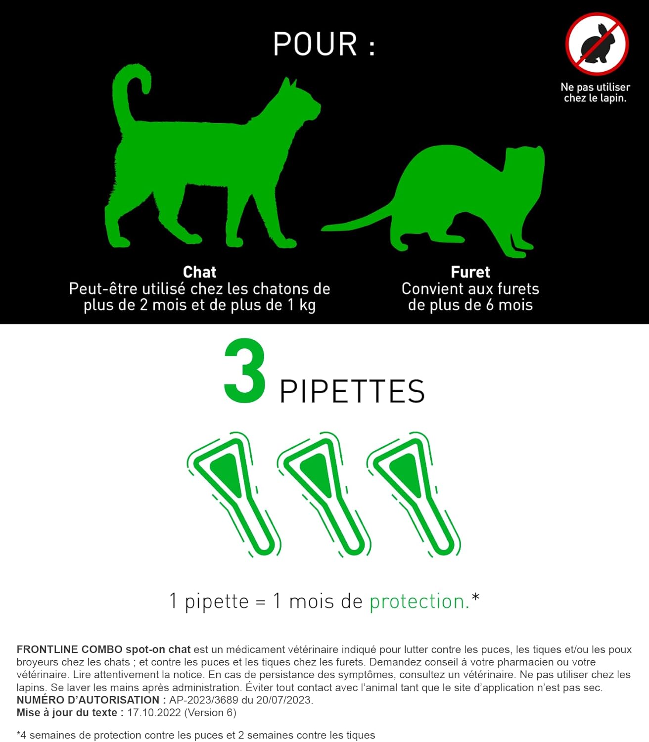 FRONTLINE Combo Chat - Anti Puces, Tiques & Poux - Contre Larves & Oeufs - Elimine & Tue - Protège L'Animal & L'Habitat - Jusqu'à 4 Semaines - Fabriqué En France - 3 Pipettes Application Spot On