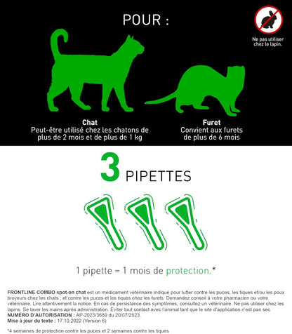 FRONTLINE Combo Chat - Anti Puces, Tiques & Poux - Contre Larves & Oeufs - Elimine & Tue - Protège L'Animal & L'Habitat - Jusqu'à 4 Semaines - Fabriqué En France - 3 Pipettes Application Spot On