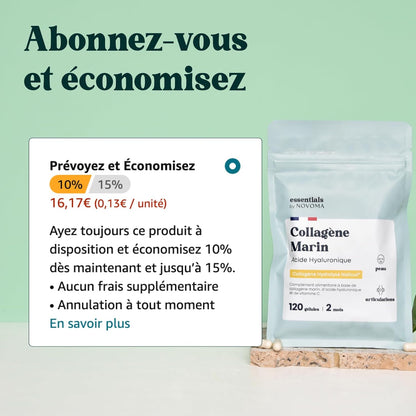 Collagène Marin + Acide Hyaluronique, Peau Hydratée et Articulations Fortes, Cure de 2 mois, 120 Gélules, Collagene Hydrolysé Type 1 Naticol®, Avec Vitamine C, Fabriqué en France, by Novoma