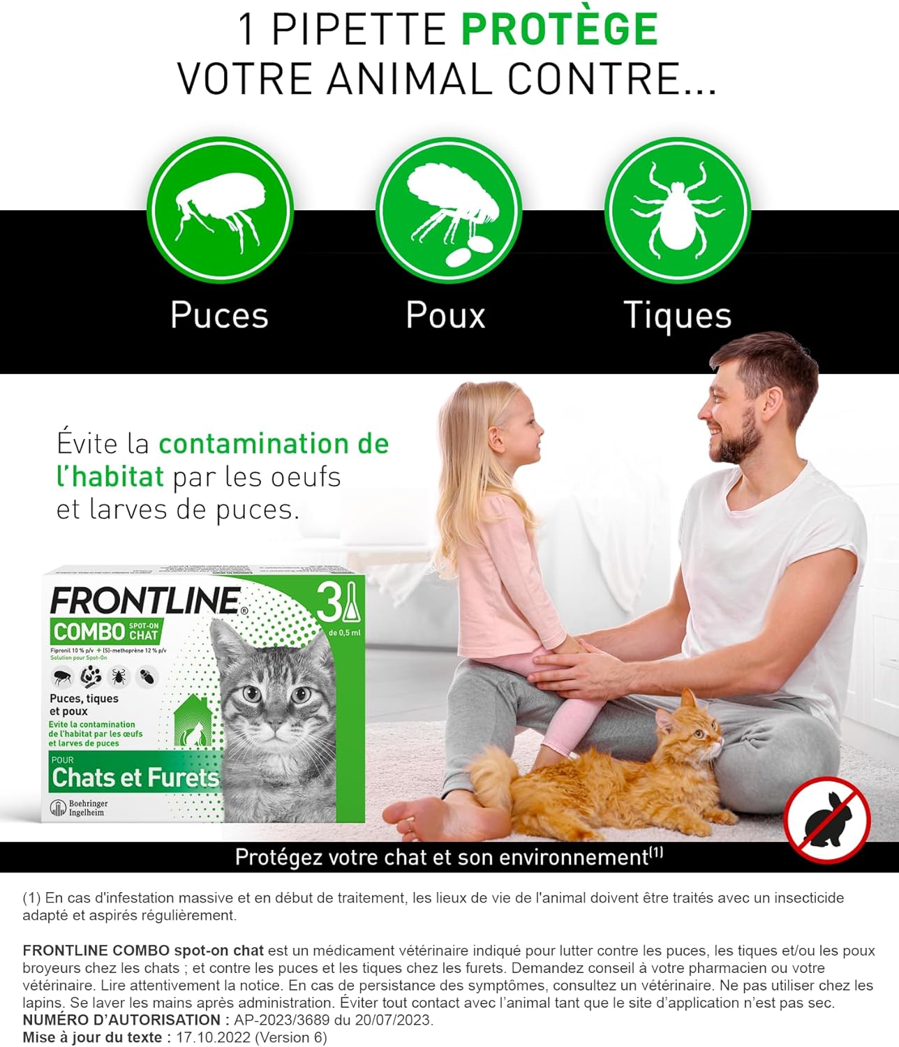 FRONTLINE Combo Chat - Anti Puces, Tiques & Poux - Contre Larves & Oeufs - Elimine & Tue - Protège L'Animal & L'Habitat - Jusqu'à 4 Semaines - Fabriqué En France - 3 Pipettes Application Spot On