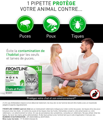 FRONTLINE Combo Chat - Anti Puces, Tiques & Poux - Contre Larves & Oeufs - Elimine & Tue - Protège L'Animal & L'Habitat - Jusqu'à 4 Semaines - Fabriqué En France - 3 Pipettes Application Spot On